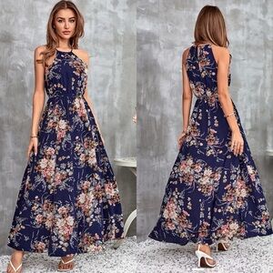 Cupshe Navy Floral Halter Maxi Dress